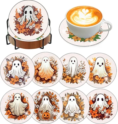 Vista 8 de Meothan Juego de 8 posavasos de arte de diamante para adultos con soporte, almohadillas de corcho, posavasos de arte de puntos de diamante de vidrio