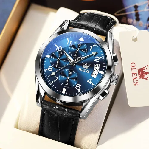 Vista 2 de OLEVS Relojes de hombre de cuero marrón con fecha, relojes casuales para hombre, relojes de cara grande para hombre, cronógrafo para hombre, reloj