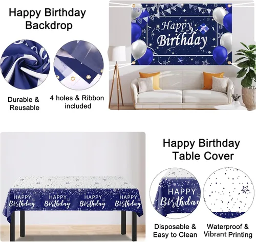 Vista 6 de Decoraciones de cumpleaños azul marino para hombres, niños, mujeres y niñas, 80 piezas de decoraciones de fiesta azules y plateadas, telón de fondo