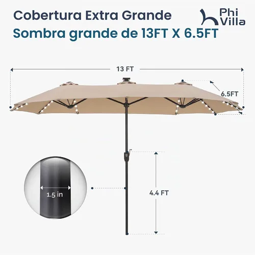 Vista 6 de PHI VILLA - Sombrilla para patio de 13 pies con luces LED de 120 piezas con alimentación solar que cambian de color, sombrilla grande de triple Beige