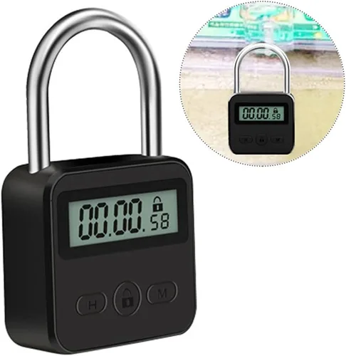 Vista 4 de Tookie Bloqueo de temporizador de metal, bloqueo de sincronización máximo de 99 horas, candado temporizador recargable USB con pantalla LCD, bloqueo