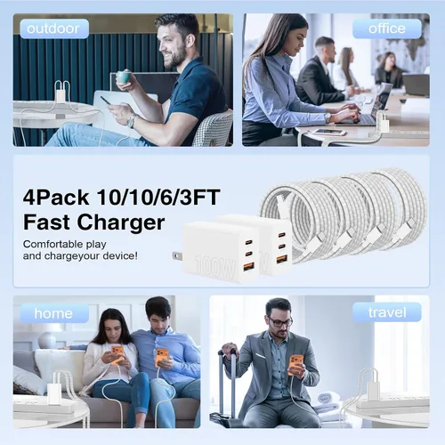 Vista 7 de USB C de carga súper rápida de 65 W para iPhone 17 16 Pro Max, bloque de carga USB C de 3 puertos de 100 W y cable trenzado tipo C de 3/6/6/10 pies