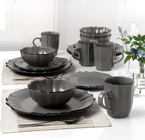 Vista 6 de Lorren Home Trends Vajilla gris pizarra con borde festoneado, 16 piezas, tamaño pequeño