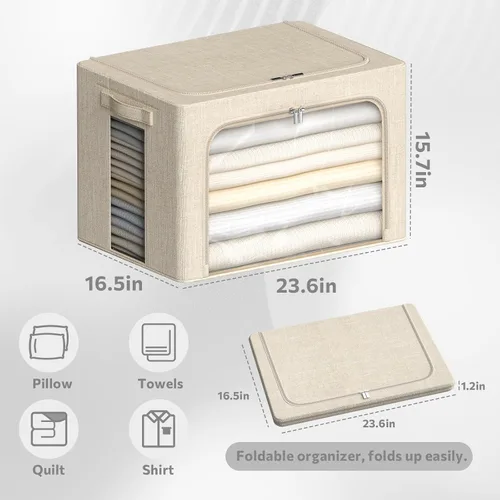 Vista 6 de Paquete de 4 contenedores de almacenamiento de ropa con marco de metal, juego organizador plegable de tela de lino con ventana transparente, asas
