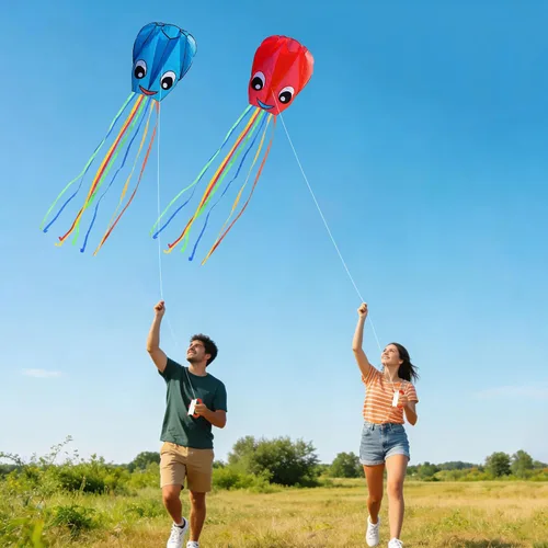 Vista 2 de Paquete de 2 cometas de pulpo grandes sonrientes mejoradas, fáciles de volar, cometas largas y coloridas para niños y adultos, actividades al aire