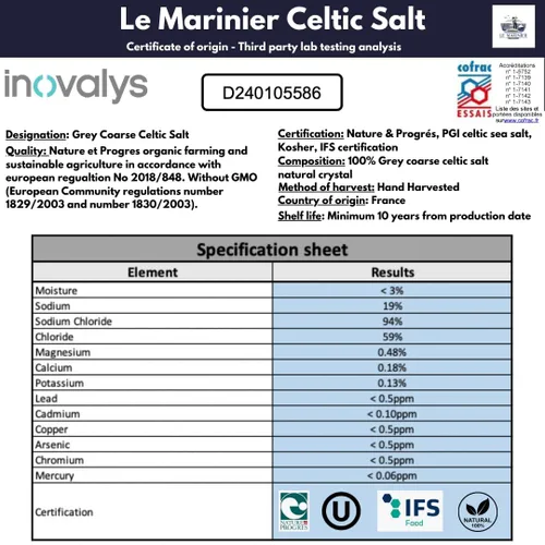 Vista 3 de Le Marinier Sal celta orgánica gris gruesa, 0.6 libras - 8.81 onzas. 100% natural y sin refinar. Sal marina francesa rica en minerales. Sal mineral
