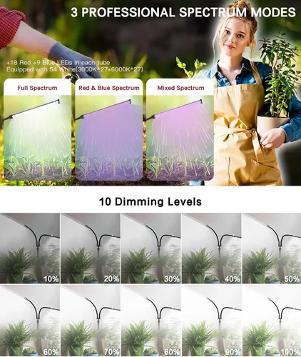 Vista 4 de Luces de cultivo profesionales para plantas de interior, espectro completo 2026 Upgrade,162 LEDs, Height Adjustable 13-38", 3 Spectrum Modes,10