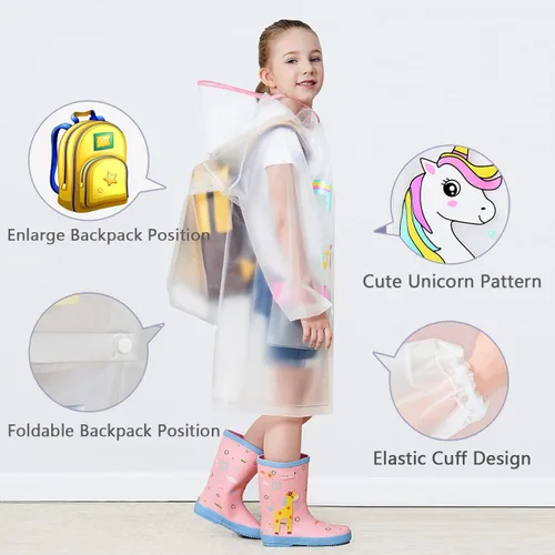 Vista 2 de Chubasqueros para niños y niñas, chaqueta de lluvia ligera, impermeable, poncho de lluvia reutilizable, ropa impermeable de 5 a 14 años