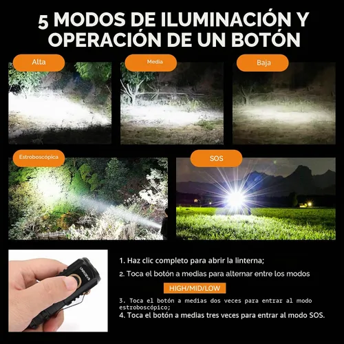 Vista 3 de Unroevs - Paquete de 4 mini linternas a granel de 2550 lúmenes con base magnética 5 modos, pequeña linterna con clip, USB C recargable de bolsillo