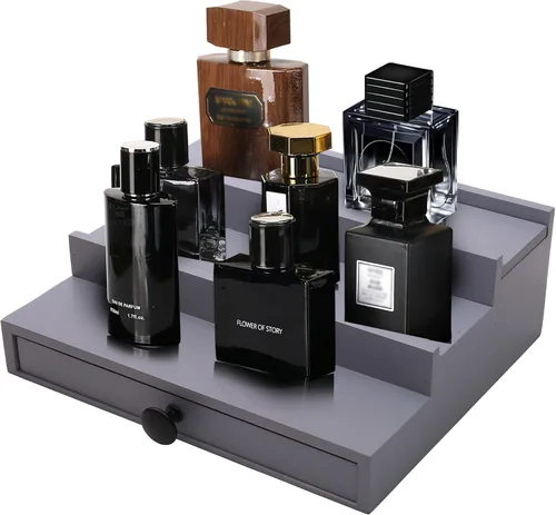 Vista 12 de 4 Tier Men's Cologne Organizer, Black Wooden Display Stand with Drawer Negro-4 niveles