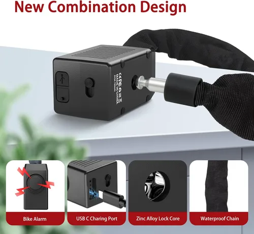 Vista 4 de BANGTING Candado de cadena de bicicleta de 4 pies resistente con alarma de 110 dB, cerradura de bicicleta resistente antirrobo con llave para Negro