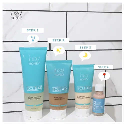 Vista 5 de Hey Honey Skincare Be Clear - Rutina de acné Lavado facial de limpieza activo diario Jóvenes y adultos jóvenes, propenso a manchas propóleo