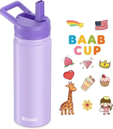 Vista 16 de baab Botella de agua para niños de 18 onzas, botella de agua aislada con popote y calcomanías, taza con popote de agua para niños de acero