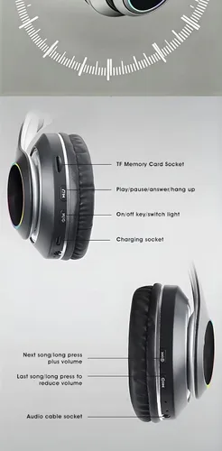 Vista 9 de Bluetooth sobre laoreja, tiempo de reproducción de 24horas y 6 modos de muisica ecualizados, auriculares inalambricos con microfono Plata Gris