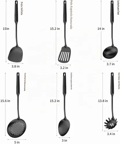 Vista 2 de Utensilios de cocina de acero inoxidable 304 con espátula, cuchara sólida, cucharón, espumadera, cuchara de espagueti, juego de 6 piezas, apto
