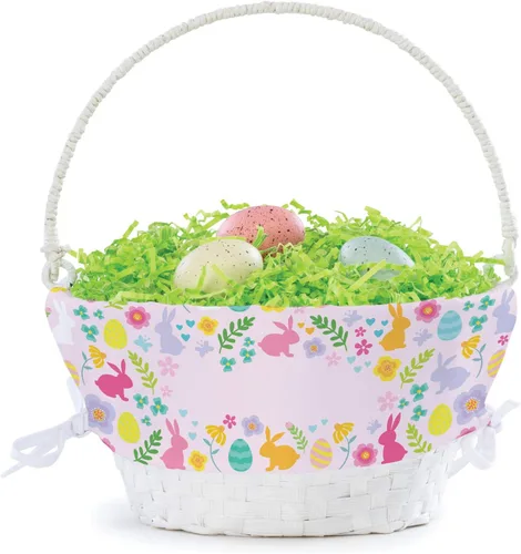 Vista 4 de Cesta de huevo de Pascua personalizada con diseño de flores de conejo con asa y nombre personalizado, forros de canasta de Pascua rosados, canasta