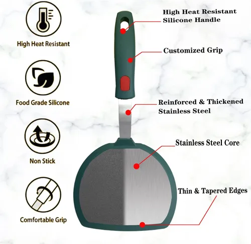 Vista 3 de Juego de 2 espátulas de silicona para utensilios de cocina antiadherentes, espátulas redondas de ángulo ranurado para panqueques de 600 °F