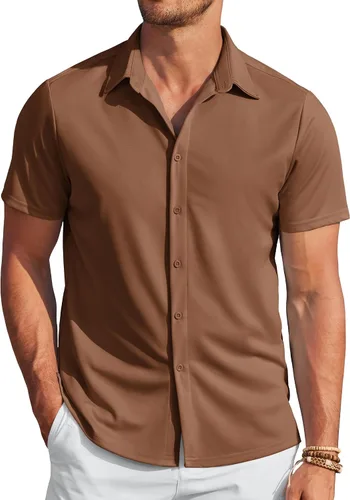 Vista 17 de COOFANDY - Camisas sin arrugas para hombre, casual, manga corta, con botones, de verano, elástica, de vestir