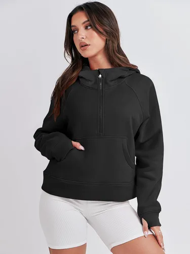 Vista 7 de ANRABESS Sudaderas con capucha corta con media cremallera para mujer, sudadera de forro polar con cremallera de un cuarto, ropa de invierno 2023