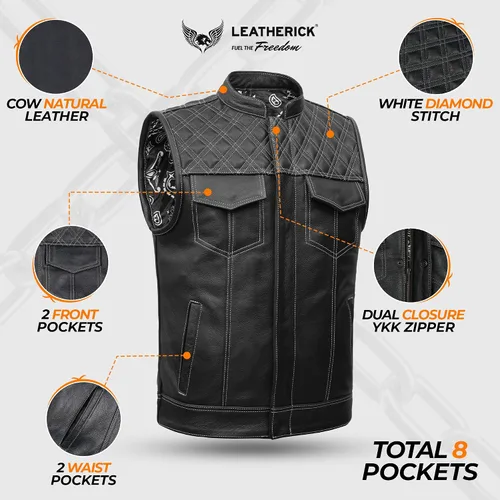 Vista 4 de Leatherick Mens Black Motorcycle Vests - Top Grain Cow Leather SOA Club & Traditional Paisley Satin Liner Leather Biker Vests