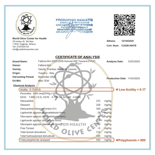 Vista 2 de Fattoria Bini Aceite de oliva italiano virgen extra virgen 2023-2024 Toscana IGP rico en polifenoles (+450 mg/kg) 2023-2024 Italia, propiedad