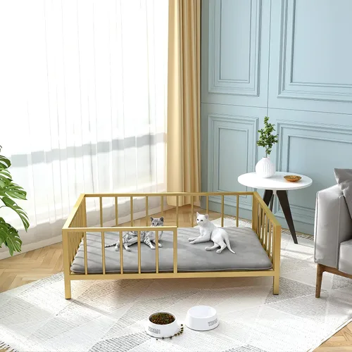 Vista 7 de OSCHF Cama para perros con rieles, marco de cama elevado de metal para mascotas con tablero de madera maciza y tapete suave lavable para perros