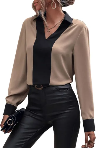 Vista 4 de OYOANGLE Blusa de manga larga con cuello en V y bloque de color para mujer