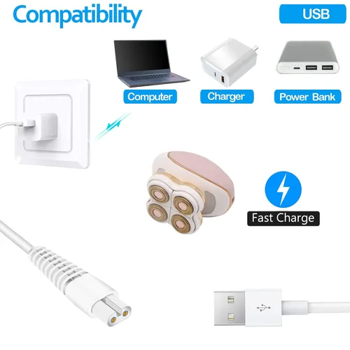 Vista 5 de Cable de carga de repuesto para afeitadora de piernas impecables, paquete de 2 cables de alimentación eléctrica, cable de carga para acabado