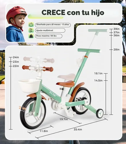 Vista 6 de Bicicleta de equilibrio 6 en 1 para niños pequeños con mango de empuje y Verde