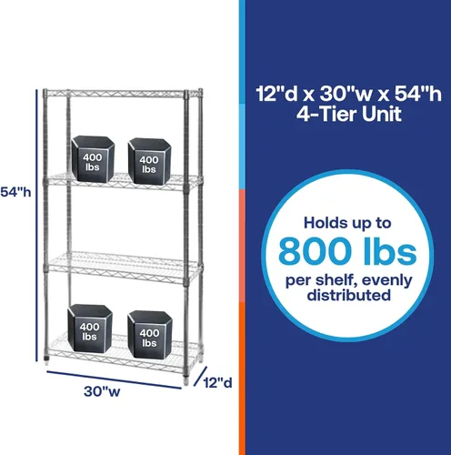 Vista 2 de Shelving Inc. Estantería de alambre cromado de 12 pulgadas de profundidad x 30 pulgadas de ancho x 54 pulgadas de alto con estantes de 4 niveles