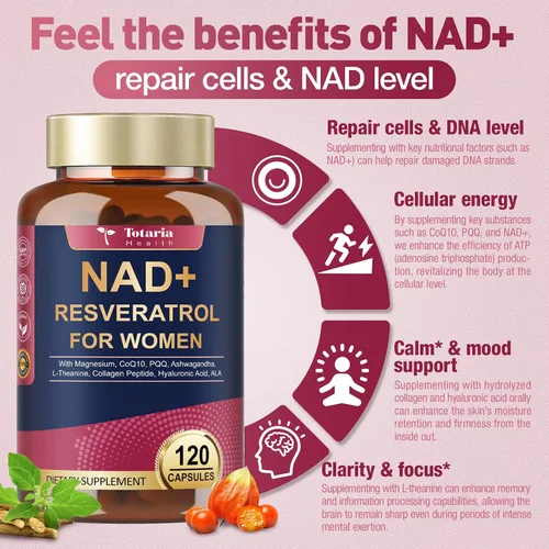 Vista 3 de Totaria Suplemento NAD+ para mujeres - Suplemento NAD Trans-Resveratrol con magnesio, CoQ10, PQQ, Ashwagandha, péptido de colágeno - Alternativa NMN