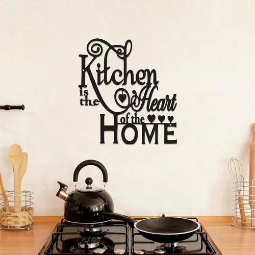 Vista 3 de Decoración de pared de cocina, moderna escultura de pared de metal negro "Kitchen is the Heart of the Home", arte de pared impermeable para cocina