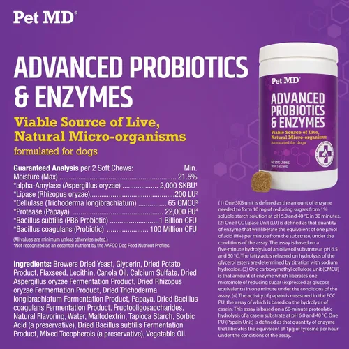 Vista 5 de Pet MD Probióticos y enzimas para perros - Masticables para la salud intestinal con prebióticos - Ayuda digestiva para perros con malestar