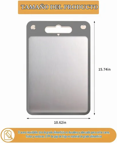 Vista 6 de Tabla de cortar de doble cara, tabla de cortar de acero inoxidable para cocina, grado alimenticio, acero inoxidable y paja de trigo PP, tabla