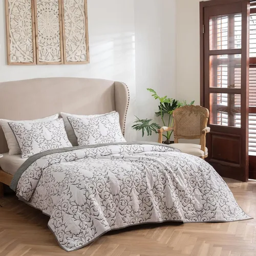 Vista 121 de Mixinni - Juego de colcha reversible de 2 piezas, tamaño individual, color beige, con patrón bordado elegante, juego de edredón y funda de almohada