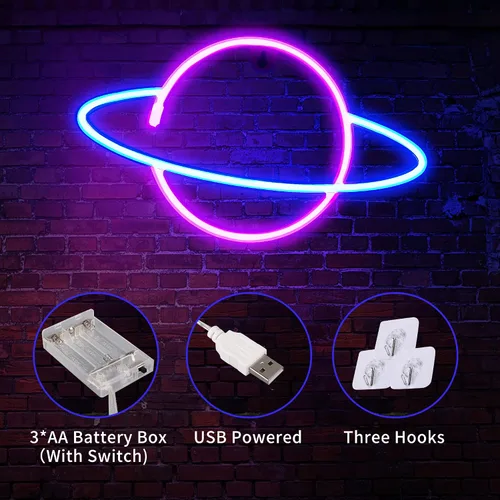 Vista 4 de Letreros de neón para decoración de pared, 3 luces LED de neón para dormitorio, USB o pilas, con luz espacial con temática de planeta alienígena