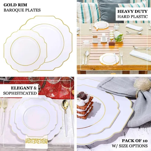 Vista 4 de Efavormart - Paquete de 10 platos de postre de plástico color rosa canela de 8 pulgadas, con borde dorado barroco, platos de ensalada desechables