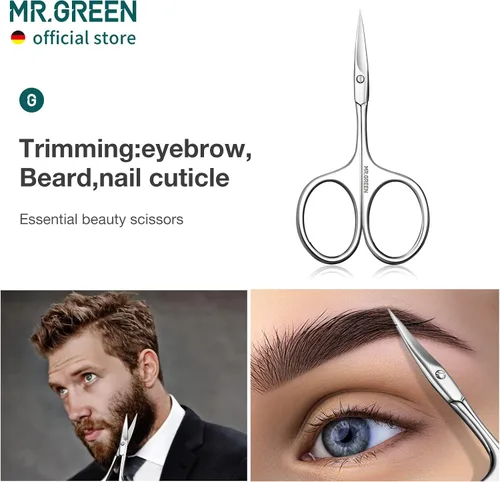 Vista 3 de MR.GREEN Tijeras de cejas Cuchilla curvada Cutícula Facial Hair Tijeras Profesional Acero Inoxidable Manicura Trimmer Removedor de Pelo (Mr-2001)