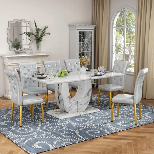 Vista 8 de Moderno juego de mesa de comedor de mármol sintético para 4, mesa de cocina rectangular blanca de 63 pulgadas con elegante base de pedestal