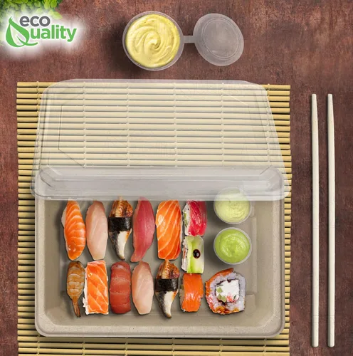 Vista 8 de Bandejas grandes compostables para sushi con tapas, contenedor de sushi natural de caña de azúcar, biodegradable, plato de sushi desechable