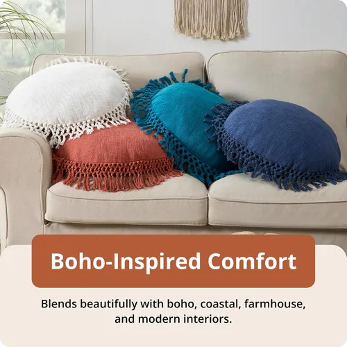 Vista 5 de Indigo Ink - Almohadas decorativas para sofá o cama, decoración bohemia del hogar, almohada redonda de algodón de 20 x 20 pulgadas con borlas