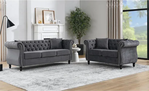 Vista 27 de Juego de Sofá Combinado de Terciopelo Chesterfield de 2 Piezas para Sala de Estar, Sofá de 3 Plazas y Loveseat con Tapizado Capitoné con 4