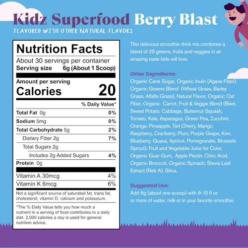 Vista 2 de Amazing Grass Kidz Superfood: Vegetales orgánicos, frutas y verduras, polvo de raíz de remolacha y probióticos para niños saludables, explosión