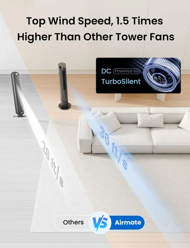 Vista 2 de AIRMATE Ventilador de torre de volumen de aire súper alto, altura de 43 pulgadas, velocidad de 36 pies/s, 12 velocidades, 3 modos, temporizador