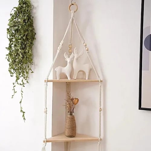 Vista 2 de Estante colgante de macramé, estante colgante triangular de madera de 2 niveles, hecho a mano, estantes esquineros de cuerda tejida a mano, estante