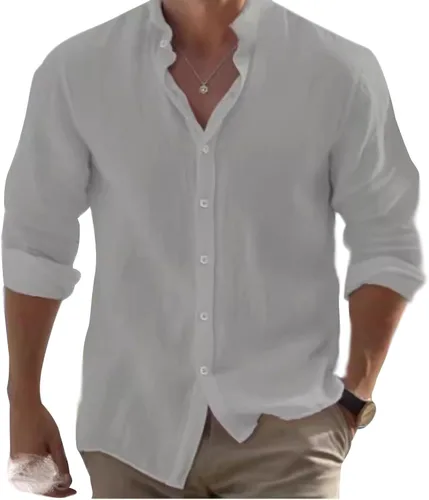 Vista 6 de Camisas de algodón para hombre, de manga larga, con botones, con cuello liso, camisetas casuales para la playa