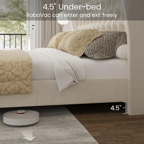 Vista 6 de LARMACE Base de cama tamaño Queen con tapizado de terciopelo, cama de plataforma con cabecera y pie de ala, base de cama con botones profundos