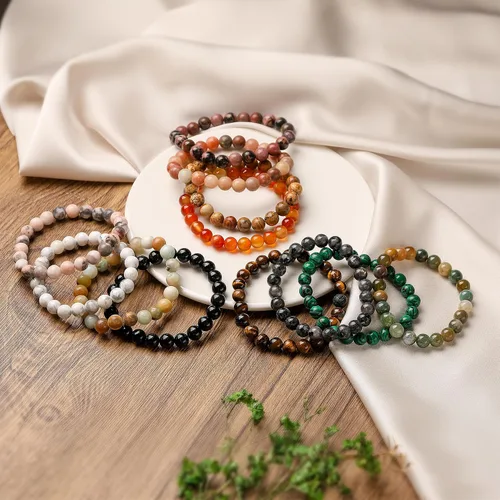 Vista 2 de 5 pulseras de piedras semipreciosas Paquete de regalo Pulseras de cuentas de piedra de cristal curativo para mujeres y hombres, pulseras elásticas