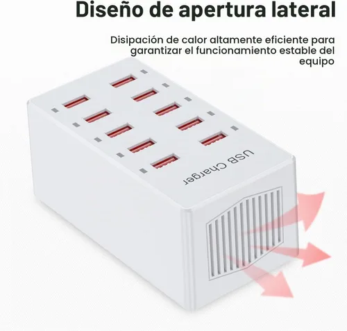 Vista 4 de Cargador USB de 10 puertos estación de carga para múltiples dispositivos, cargador de pared USB, tira de concentrador de alimentación, enchufe