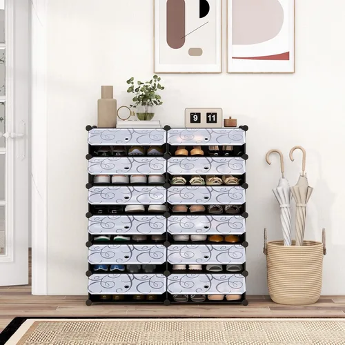 Vista 2 de COSTWAY Organizador de zapatos, estantes de zapatos de 6 niveles con cubiertas, diseño de bricolaje, 24 pares de cajas organizadoras de cubos Negro